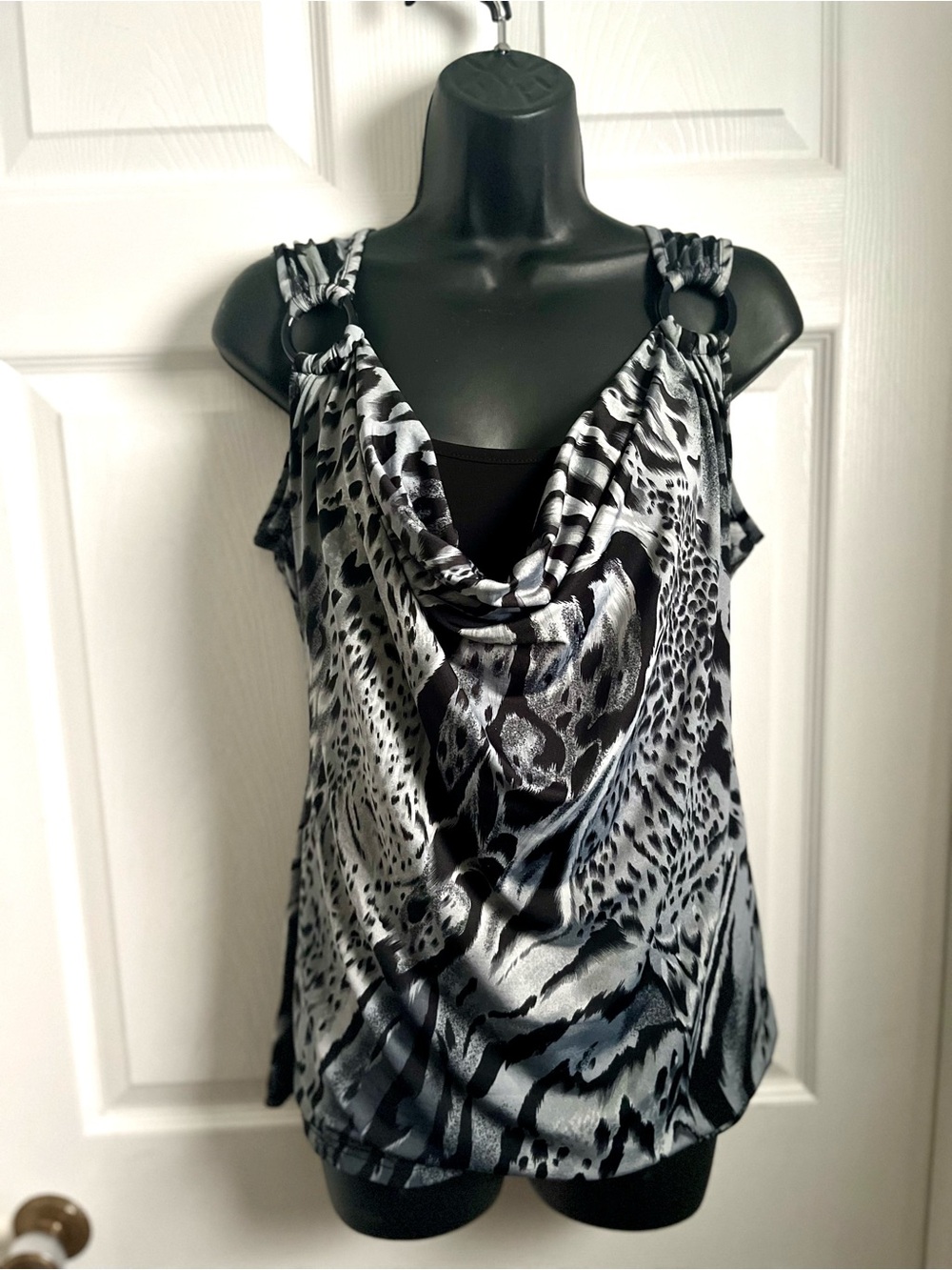 Vintage Y2K Top Creation GSL Animal Print Cowl Neck Large XL Zebra Leopard Black